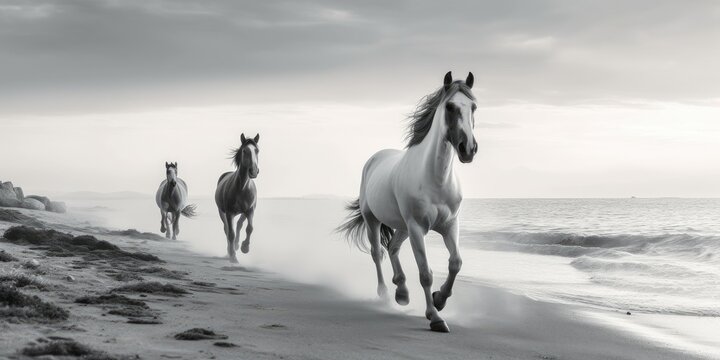 Close-up of white horses run along the coast through water. Black and white.