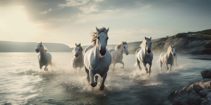 Close-up of white horses run along the coast through water.