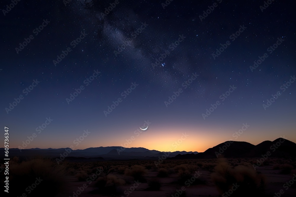 Sticker night sky with a cluster of stars and crescent moon above the desert, created with generative ai