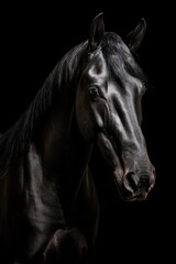 Fototapeta na wymiar Portrait of black horse isolated on black background