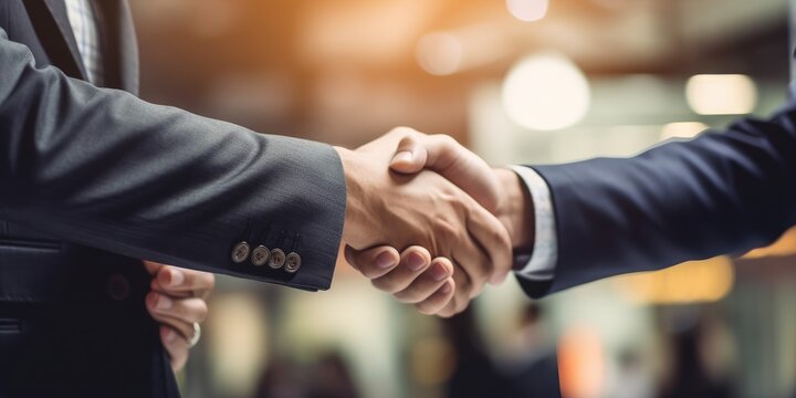 Business partnership meeting. Picture businessmans handshake. Successful businessmen handshaking after good deal. Horizontal, blurred background.