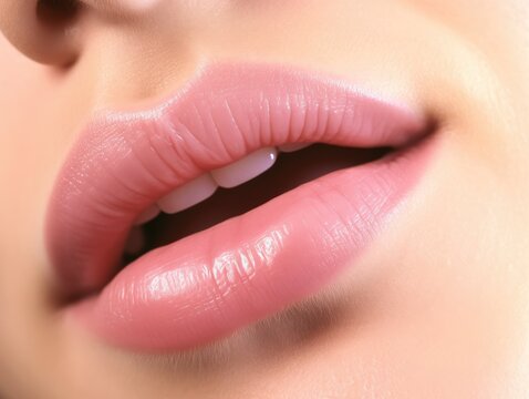 Close up of sexy pink lips. Beautiful perfect makeup. Beautiful red lip gloss. Cosmetic. Mouth open, big lips. Cosmetic beauty procedures.