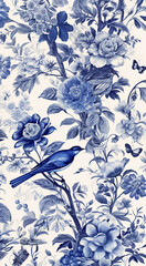 Watercolor plants and birds pattern blue color. Art. Generative AI