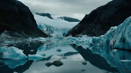 Fototapeta na wymiar Glacier between 2 mountains and lake in front.