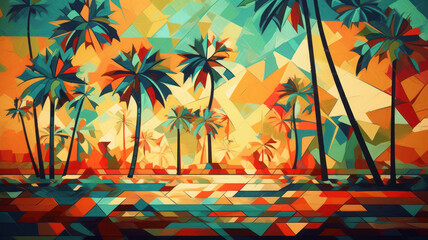 Sand-colored background with geometric pattern and palm trees