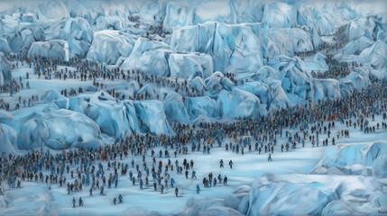 Lots of people standing on the glacier that look like penguins.