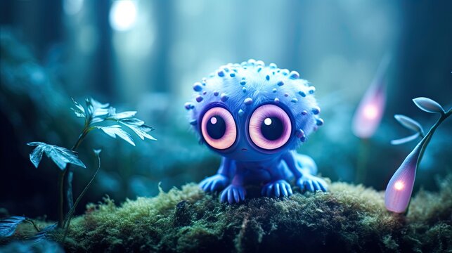 Tiny fairy cute monster in a misty magical fairy tale forest. Little magical creature with beautiful eyes with neon lights in the background. Generative ai