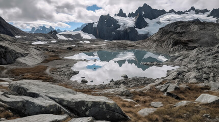 Obraz premium view of melting glacier with mountains in the background.