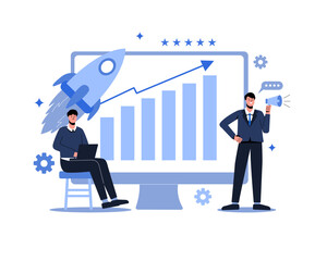 Digital marketing,Social media marketing,man using laptop and megaphone,marketing strategy people working vector illustration on white backg .Isolated object and Easy to edit.can be used for websites.