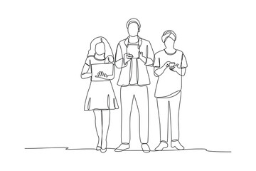 Single one-line drawing difference in using a handheld device. Diversity in college concept. Continuous line drawing illustration