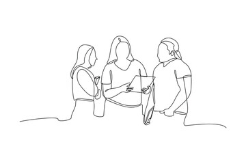 Single one-line drawing three students discussing on campus. Diversity in college concept. Continuous line drawing illustration