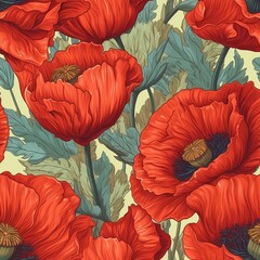 Beautiful elegant red poppies flower seamless pattern, created with generative AI