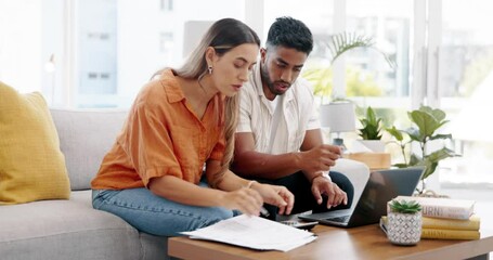 Couple, laptop and calculate bills for budget, financial planning and administration of online banking at home. Man, woman and finance of paperwork, savings and investment growth, insurance and taxes
