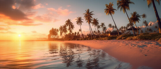 Fototapeta A beautiful beach with coconuts trees at sunset, Generative AI obraz