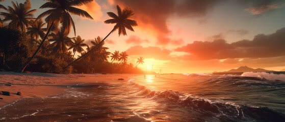 A beautiful beach with coconuts trees at sunset, Generative AI
