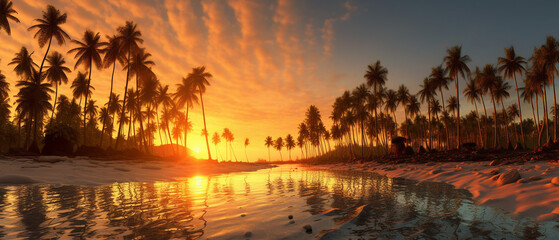 Fototapeta na wymiar A beautiful beach with coconuts trees at sunset, Generative AI