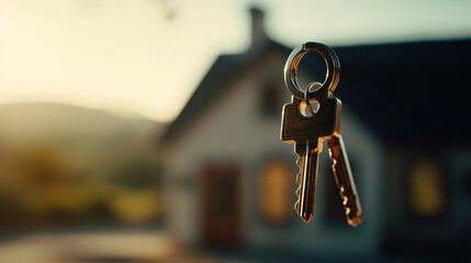 Set of keys floating in the air and house in the background out of focus.