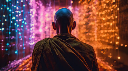 Buddhist monk sitting with his back and radiant lights in the background.