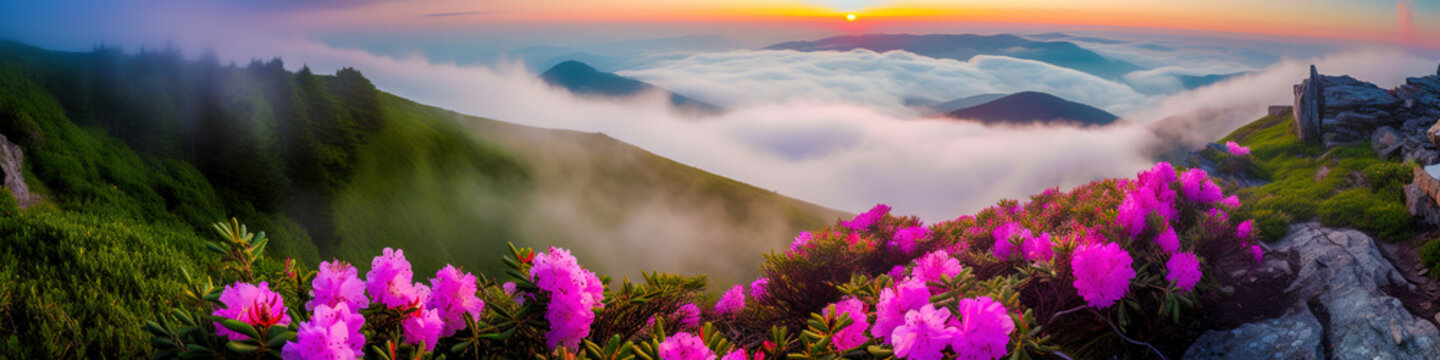 Blooming rhododendron in the mountains above the clouds. Vibrant photo wallpaper. Image of exotic landscape. 
