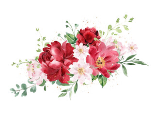 Burgundy bouquet. Flowers arrangement: burgundy peonies and daisies, Wedding invitation template, postcard or print.