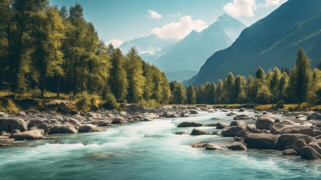 Beautiful Switzerland Blue River Stream Landscape Wallpaper Generated AI