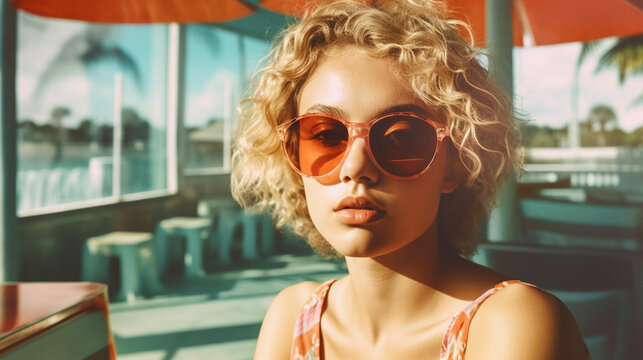 Portrait of a young retro woman in a beach club wearing sunglasses. 80s summer vibe. Generative AI