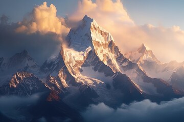 A breathtaking panoramic view of a mountain range, blanketed in snow and clouds - Generative AI