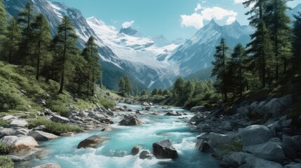 Fototapeta na wymiar Beautiful Switzerland Blue River Stream Landscape Wallpaper Generated AI
