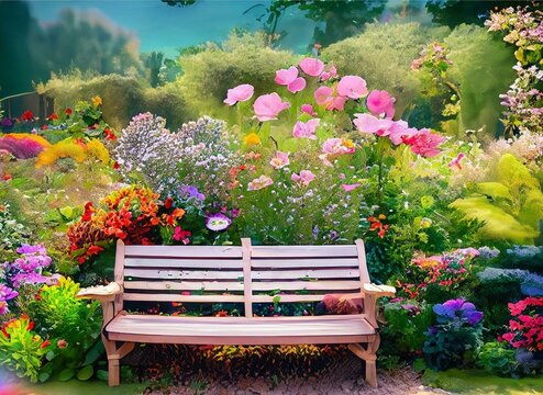 bench in the park. Enchanting Garden: A Floral Oasis of Whimsy and Delight