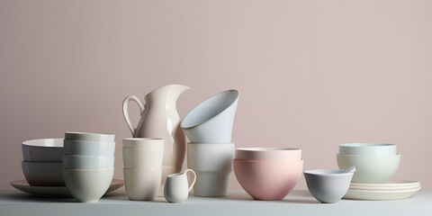 Fototapeta na wymiar Household ceramic items. Pastel color crockery: stacks of bowls and mugs. AI generated