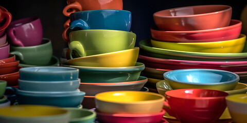 Multicolored household ceramic items. Colorful crockery: stacks of bowls and mugs. AI generated - obrazy, fototapety, plakaty