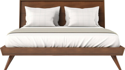 Mid-century wooden double bed. Scandinavian style double bed with white blanket and pillows. 3D illustration Generative AI. - obrazy, fototapety, plakaty