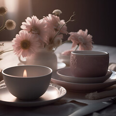 Household ceramic items. Pastel color crockery: stacks of bowls and mugs. AI generated