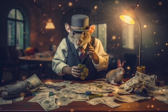 Mouse wearing tie suit and hat at the table with many money. Corrupt. Dramatic vibes background. Generative ai
