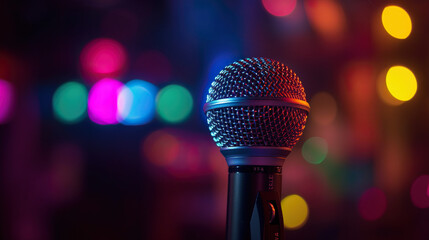 Microphone in the foreground with karaoke lights behind.