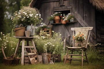 Picture of cottagecore aesthetics. A wicker chair with flowers and pots sitting on soil. Depiction of everyday life. Snapshot aesthetic - obrazy, fototapety, plakaty