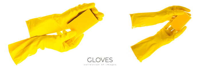 Hands up yellow rubber cleaning gloves holding rag isolated on white background. Place for text. Professional cleaning concept