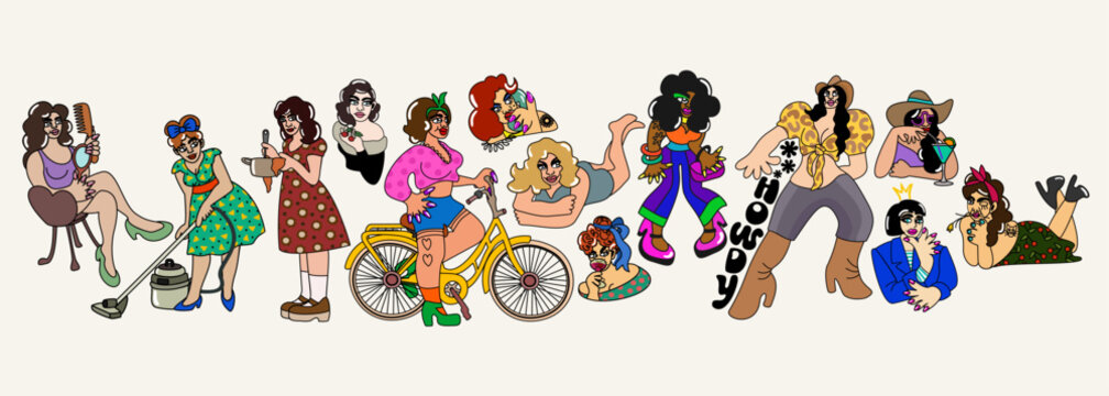 Retro girls. Vector collection of various female characters on light background.
