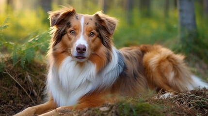 portrait of a beautiful brown and white domestic Australian shepherd dog