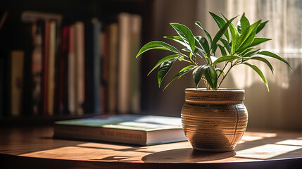 Elegant minimalist plant on table with books in the background.