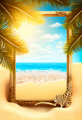 Summer background with frame, nature of tropical golden beach with rays of sun light and leaf palm. Golden sand beach close-up, sea, blue sky, white clouds. Copy space, summer vacation concept.