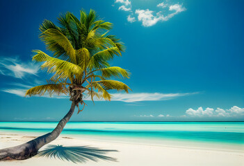 Beautiful beach with white sand, turquoise ocean, blue sky with clouds and palm tree over the water on a Sunny day. Maldives, perfect tropical landscape, ultra wide format.