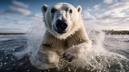 Obraz na płótnie Canvas Polar bear running on the water.