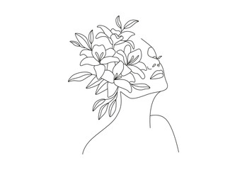 Beautiful woman face with dahlia flowers line art vector illustration. Stock illustration.