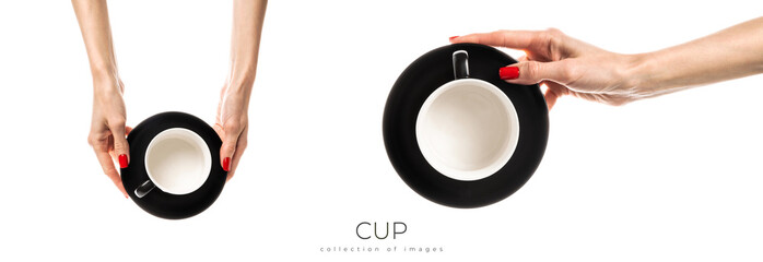 Female hands hold a white ceramic cup on white background. Female hands with fresh red manicure. Isolated on white background.