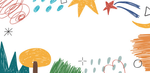 Abstract vector colorful background pencil drawing with star and abstract forms and lines frame
