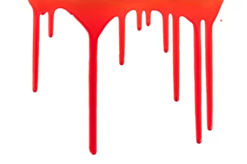 Zelfklevend Fotobehang Dripping blood isolated on white background. Flowing bloody stains, splashes and drops. Trail and drips red blood close up. © Илья Подопригоров