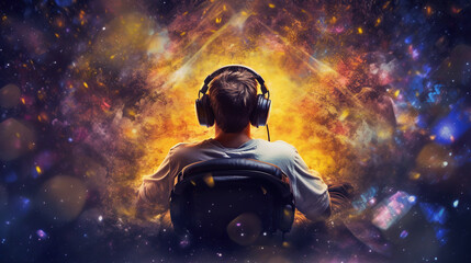 Naklejka premium Illustration of young man sitting in front of computer with headphones and the screen exploding with vibrant colors.