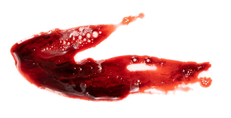 Dripping blood isolated on white background. Flowing bloody stains, splashes and drops. Trail and drips red blood close up. - obrazy, fototapety, plakaty