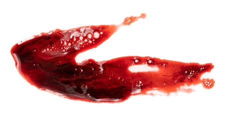 Dripping blood isolated on white background. Flowing bloody stains, splashes and drops. Trail and...